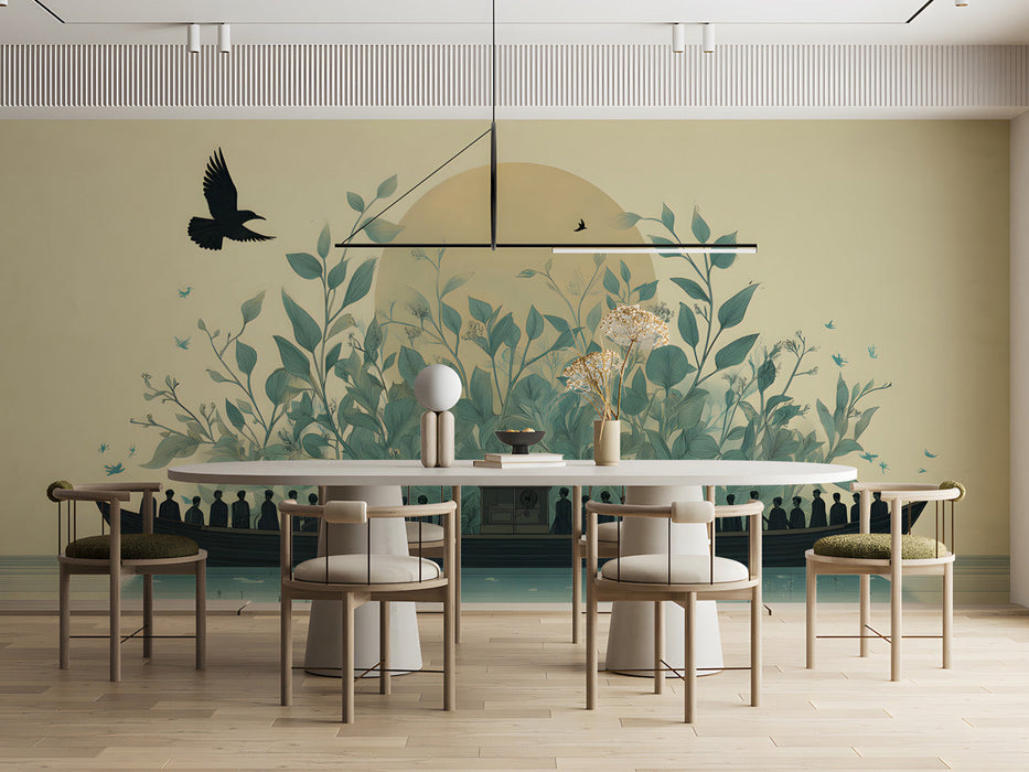 A calming meeting room featuring a botanical boat mural behind a wooden bed frame.