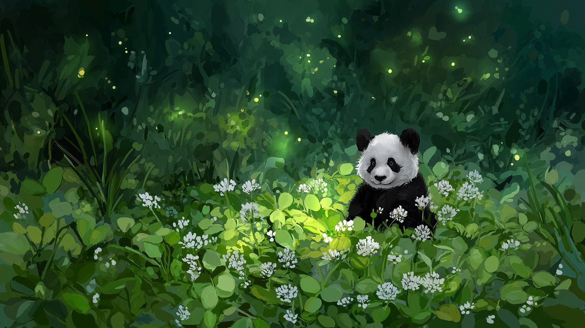 Painterly forest mural with a baby panda, white flowers, and glowing amber fireflies in dark green foliage