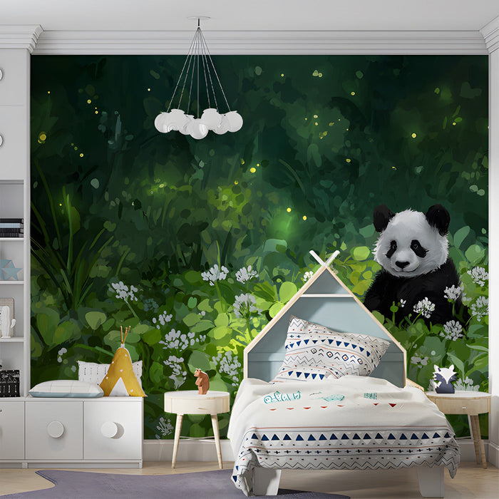 Panda and firefly mural installed in a cozy nursery room with wooden crib and soft neutral rug