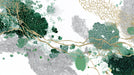 Abstract wallpaper pattern with forest green ink blots, charcoal topographic line art, and gold metallic flowing veins on white.