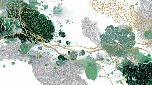 Abstract wallpaper pattern with forest green ink blots, charcoal topographic line art, and gold metallic flowing veins on white.