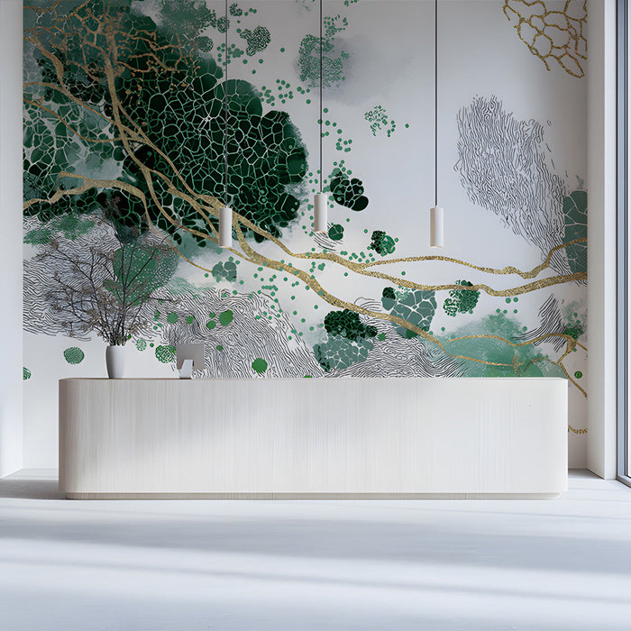 Modern reception wall featuring fluid green and gold pattern mural with brass accent lighting.