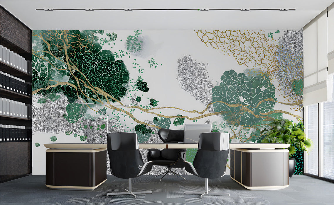 Office wall featuring abstract green and gold fluid mural with minimalist wooden furniture and soft linen bedding.