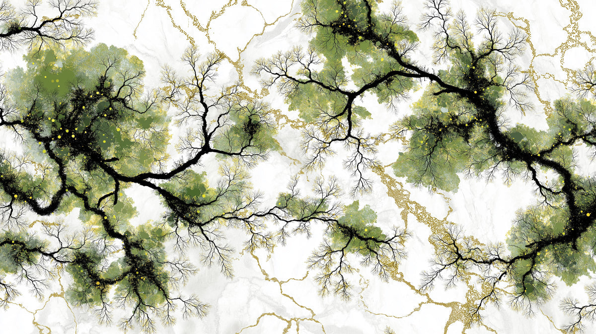 Abstract tree branch mural with black silhouettes, moss green foliage, and gold veins on white marble background