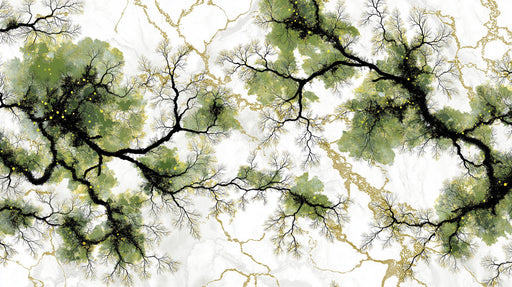 Abstract tree branch mural with black silhouettes, moss green foliage, and gold veins on white marble background