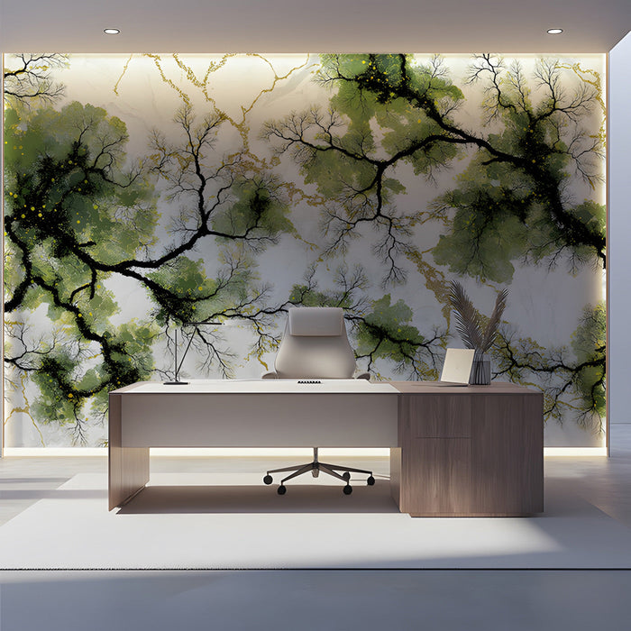 Bright office interior with an artistic tree branch wall mural providing a natural focal point
