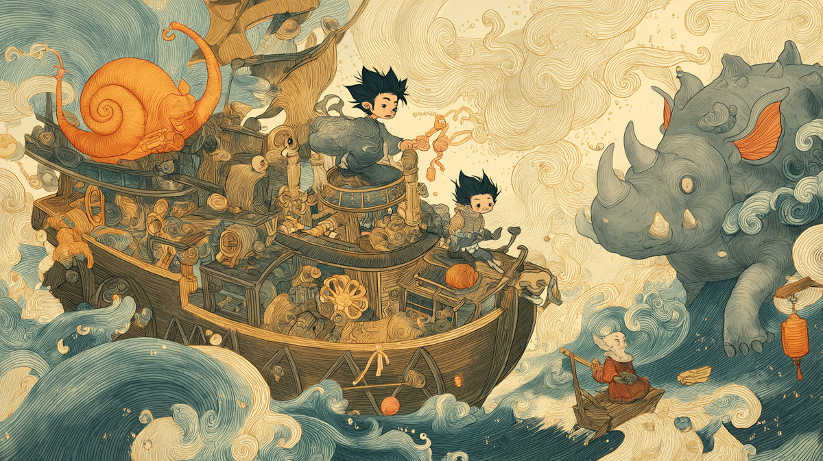 A detailed line art mural featuring a ship on wavy clouds with stylized animals and travelers in slate gray and ochre tones.
