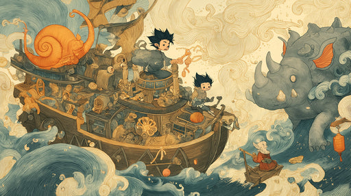 A detailed line art mural featuring a ship on wavy clouds with stylized animals and travelers in slate gray and ochre tones.
