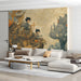 A creative living room wall covered in an intricate fantasy illustration to spark daily inspiration.