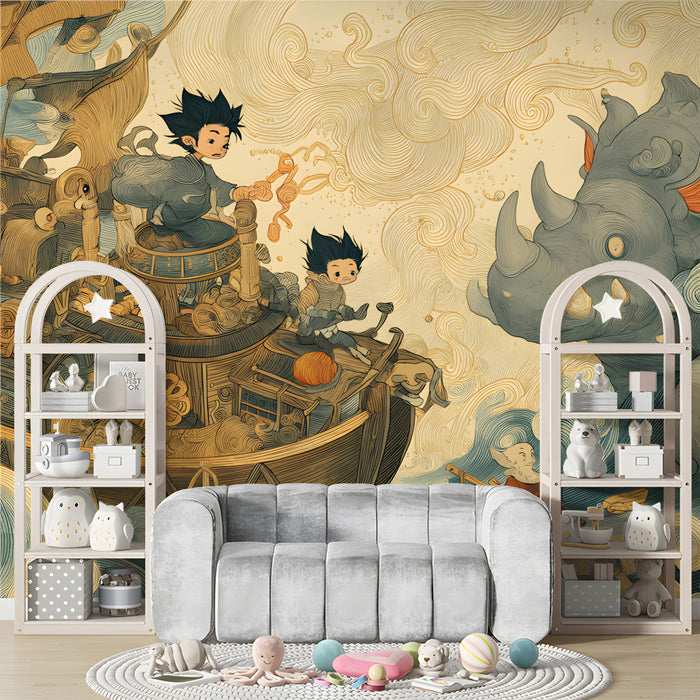 A living room featuring an adventurous fantasy mural on the main wall with minimalist wooden furniture.