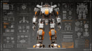 Large mechanical robot blueprint with orange accents on charcoal grid background