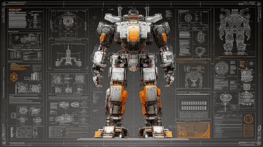 Large mechanical robot blueprint with orange accents on charcoal grid background