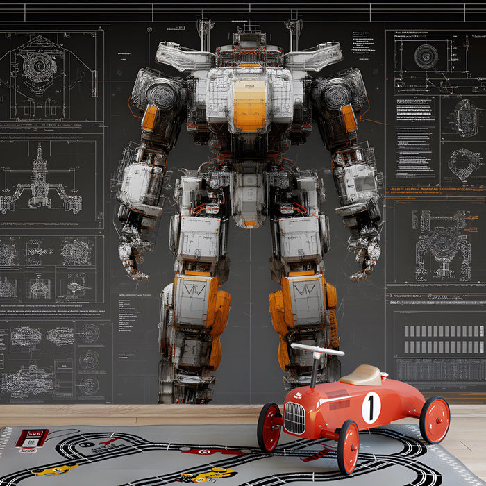 Creative studio workspace decorated with a detailed mecha engineering mural