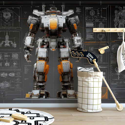 Futuristic gaming room featuring a technical mecha schematic wall mural