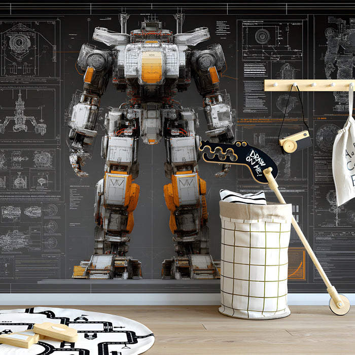 Futuristic gaming room featuring a technical mecha schematic wall mural