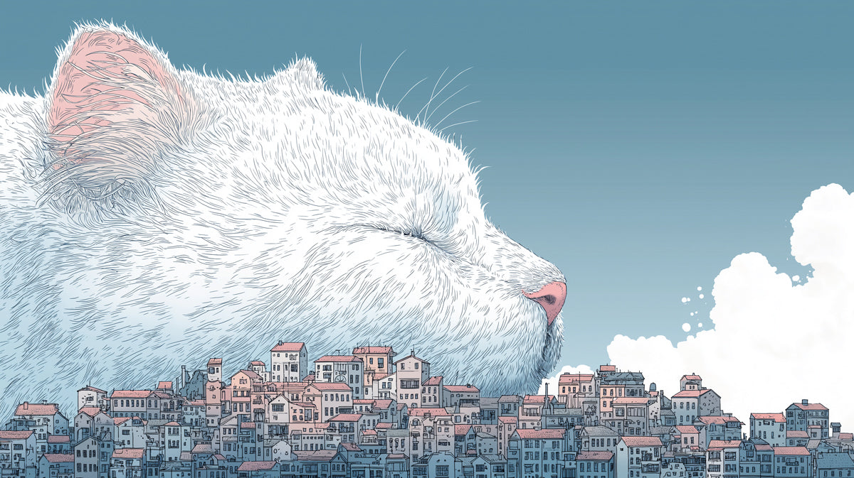 Surreal illustration of a giant white fluffy cat sleeping behind a dense cluster of Mediterranean style coastal homes