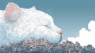 Surreal illustration of a giant white fluffy cat sleeping behind a dense cluster of Mediterranean style coastal homes