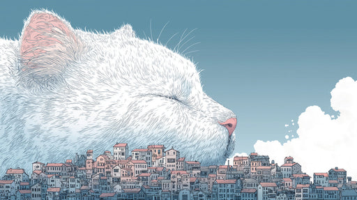 Surreal illustration of a giant white fluffy cat sleeping behind a dense cluster of Mediterranean style coastal homes
