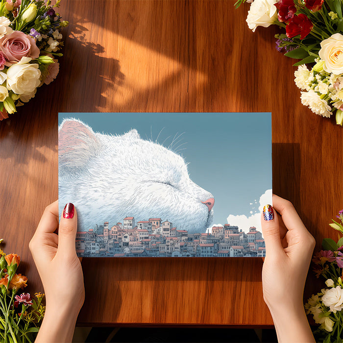 Playful bedroom interior featuring a large scale surreal cat and town landscape mural