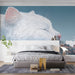 Creative bedroom featuring a lighthearted cat and city mural on the back wall