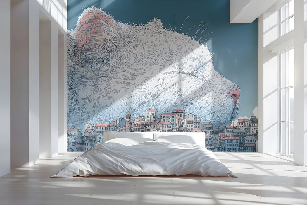 Modern bedroom wall decorated with a whimsical mural featuring a cat overlooking a village