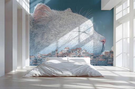 Modern bedroom wall decorated with a whimsical mural featuring a cat overlooking a village