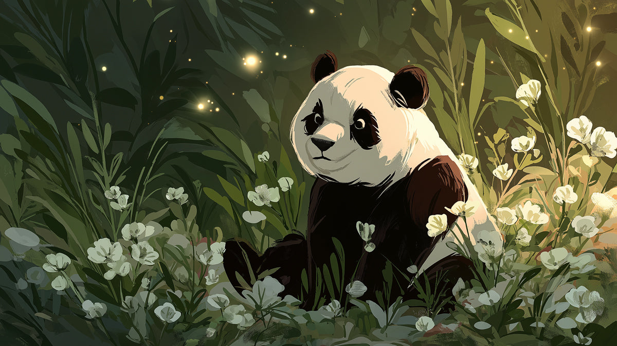 Painterly panda sitting in a deep green forest surrounded by white flowers and glowing gold fireflies.