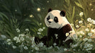 Painterly panda sitting in a deep green forest surrounded by white flowers and glowing gold fireflies.