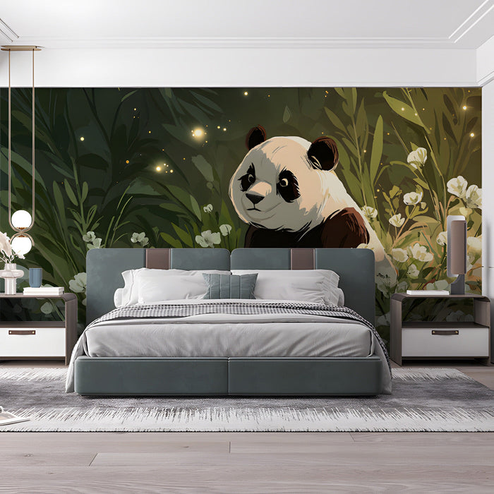 A whimsical home office space featuring a serene panda and firefly wall mural.
