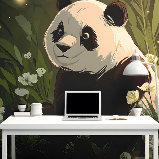 A cozy nursery featuring a panda forest mural on the main accent wall behind a wooden crib.