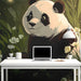 A cozy nursery featuring a panda forest mural on the main accent wall behind a wooden crib.