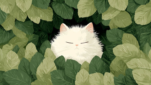Illustration of a fluffy white cat with closed eyes nestled among layers of deep green and sage forest leaves.