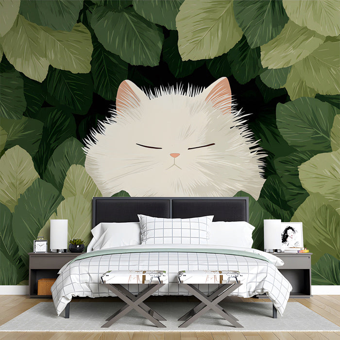 A whimsical white cat wallpaper design acting as a conversation piece in a bright, modern living room.