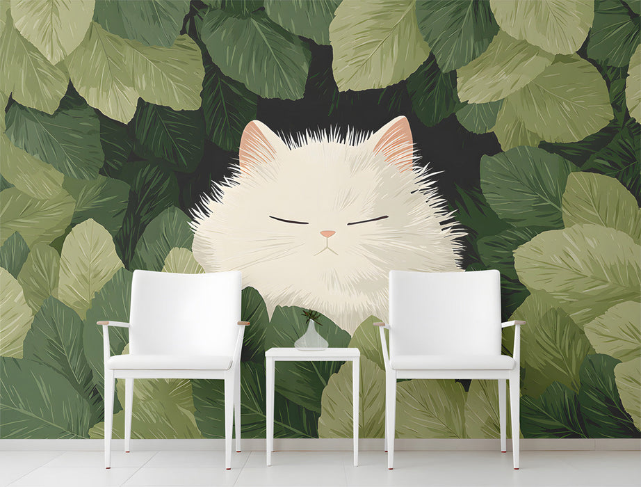 The white cat mural featured on a focal wall in a calm, modern minimalist nursery with light wood furniture.