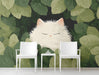 The white cat mural featured on a focal wall in a calm, modern minimalist nursery with light wood furniture.