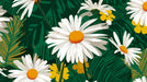 Bold daisy pattern with large white petals and ochre yellow centers set against a dark forest green leafy background