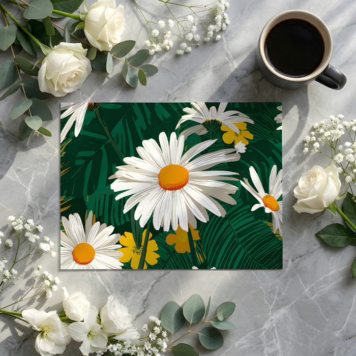 Botanical daisy wall mural featured in a sunny kitchen with white cabinetry and plants