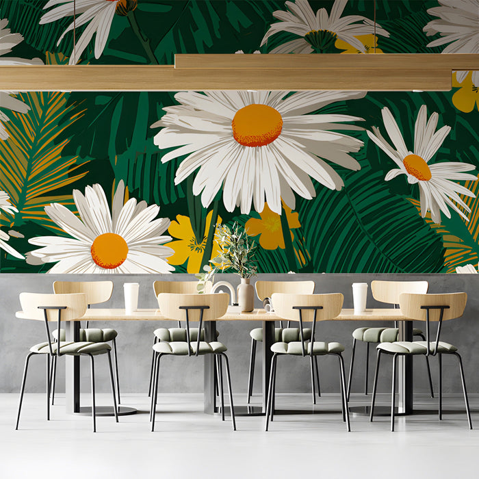 Close up of daisy floral wall mural installed in a cozy meeting room with warm accent lighting