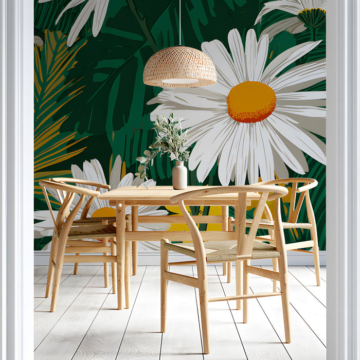 Floral daisy mural wallpaper styled in a bright modern dining room with wooden furniture