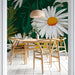 Floral daisy mural wallpaper styled in a bright modern dining room with wooden furniture