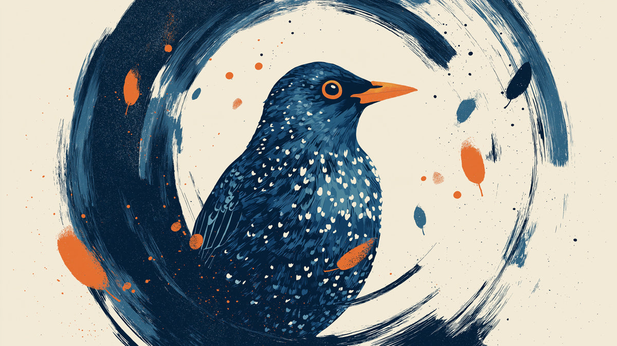 Abstract bird mural with a speckled starling in deep navy, indigo, and bright orange paint strokes on a cream background