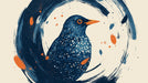 Abstract bird mural with a speckled starling in deep navy, indigo, and bright orange paint strokes on a cream background