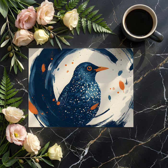 Bright home office space with a contemporary circular bird wall mural