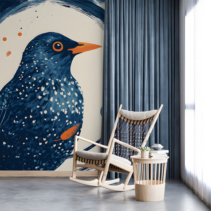 Entryway interior with a painterly bird design accent wall and blue furniture
