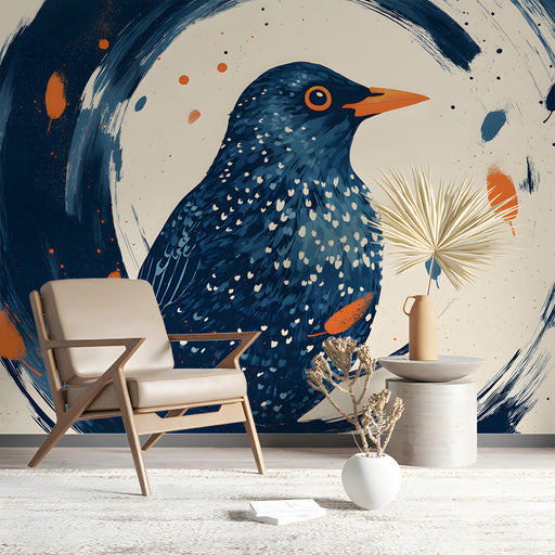 Modern study wall featuring an artistic starling bird mural in navy and orange