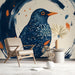 Modern study wall featuring an artistic starling bird mural in navy and orange