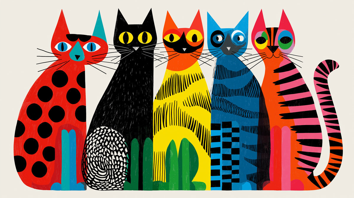 Abstract illustration of five colorful cats in varied graphic patterns like dots and stripes on an off-white background