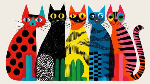 Abstract illustration of five colorful cats in varied graphic patterns like dots and stripes on an off-white background