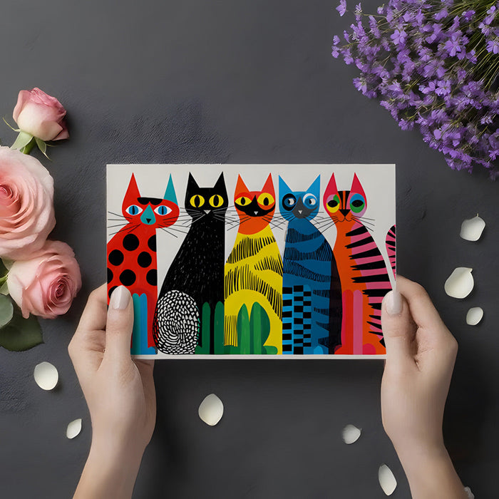Fun colorful cat art mural featured in a playful nursery or kid's bedroom setting