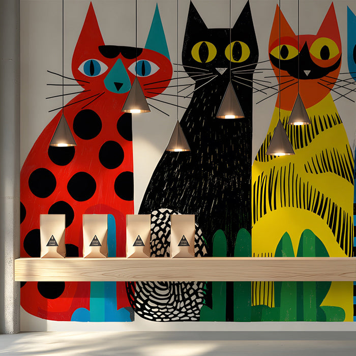 Graphic cat mural in a creative shopping space with minimal decor